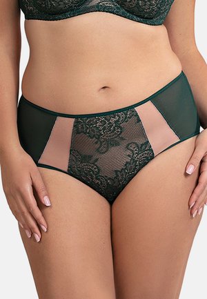 Hochgeschnittene Unterwäsche mit grünen Spitzenakzenten, Mesh-Einsätzen und nude-farbenen Details. Weicher Stoff und florales Muster auf der gesamten Oberfläche.