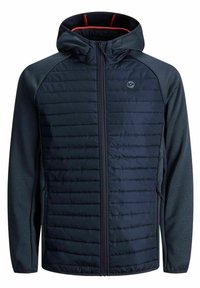 Marinblå huva-jacka med vadderad front, lättviktsmaterial, kontrasterande grå ärmar, dragkedjefickor och röd innerfoder.