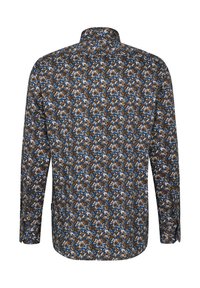 Langärmliges Hemd mit einem mehrfarbigen Blumenmuster auf einem braunen Hintergrund. Der Stoff wirkt glatt, mit einem klassischen Kragen und Knopfmanschetten.