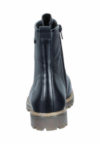 Black leather ankle boot with a side zipper, textured surface, and a rugged sole for grip. Features a rounded toe and minimal stitching.