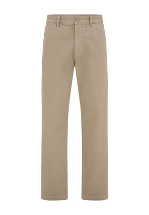 Bēša taisna griezuma bikses ar jostas cilpām, pogas aizdari un rāvējslēdzēja lidojumu, attēlotas no priekšpuses uz balta fona.