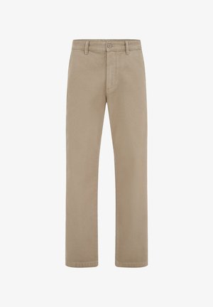 Bēša taisna griezuma bikses ar jostas cilpām, pogas aizdari un rāvējslēdzēja lidojumu, attēlotas no priekšpuses uz balta fona.