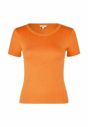 Tričko s krátkym rukávom a okrúhlym výstrihom v jasne oranžovej rebrovanej látke, s priliehavým strihom a hladkou textúrou.