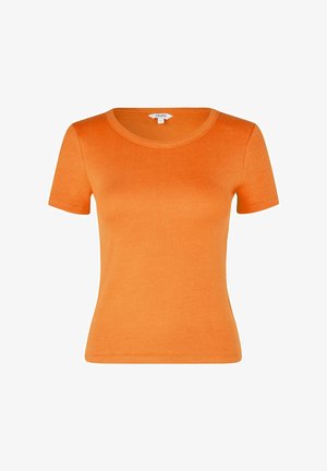 Tričko s krátkym rukávom a okrúhlym výstrihom v jasne oranžovej rebrovanej látke, s priliehavým strihom a hladkou textúrou.