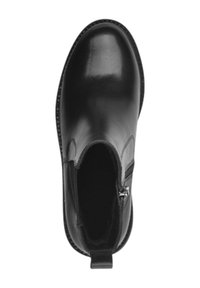 Black leather ankle boot with a smooth finish, side zipper closure, and a rounded toe. Features a textured sole for grip and stability.