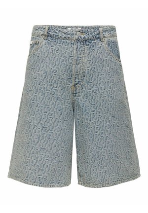 Ljusblå denimshorts med en texturerad mönster. Har knappstängning, bältesöglor och sidofickor. Avklippt fåll vid benen.