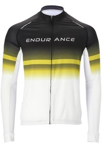 Radtrikot mit kurzen Ärmeln, das einen Farbverlauf von Schwarz zu Weiß mit gelben Streifen aufweist. Hergestellt aus feuchtigkeitsableitendem Material und mit einem Reißverschluss ausgestattet.