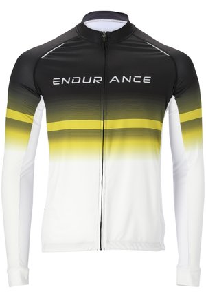 Korte mouwen fietsshirt met een verloop van zwart naar wit met gele strepen. Gemaakt van vochtregulerende stof, inclusief ritssluiting.