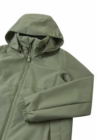 Olive green jacket with a hood, full-length zipper, elastic cuffs, and a smooth, water-resistant texture. Minimalist design.