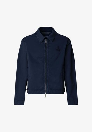 Giacca blu navy realizzata in tessuto dalla texture liscia, con collo alla coreana, chiusura frontale con cerniera e ricamo sottile del logo.
