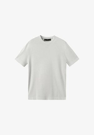 Prosta, jasnoszara koszulka z krótkim rękawem i okrągłym dekoltem, wyświetlona na płasko na białym tle, pokazująca widok z przodu i standardowe dopasowanie.