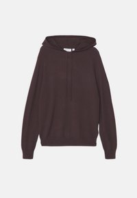 Mörkbrun hoodie i mjukt tyg, med dragsko i huva, långa ärmar och en åtsittande midja, samt ribbade ärmmuddar.