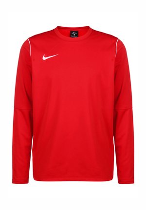 Rode lange mouwen sportshirt gemaakt van gladde stof, met witte schouderaccenten en het Nike-logo op de linkerborst. Klassieke ronde halslijn.