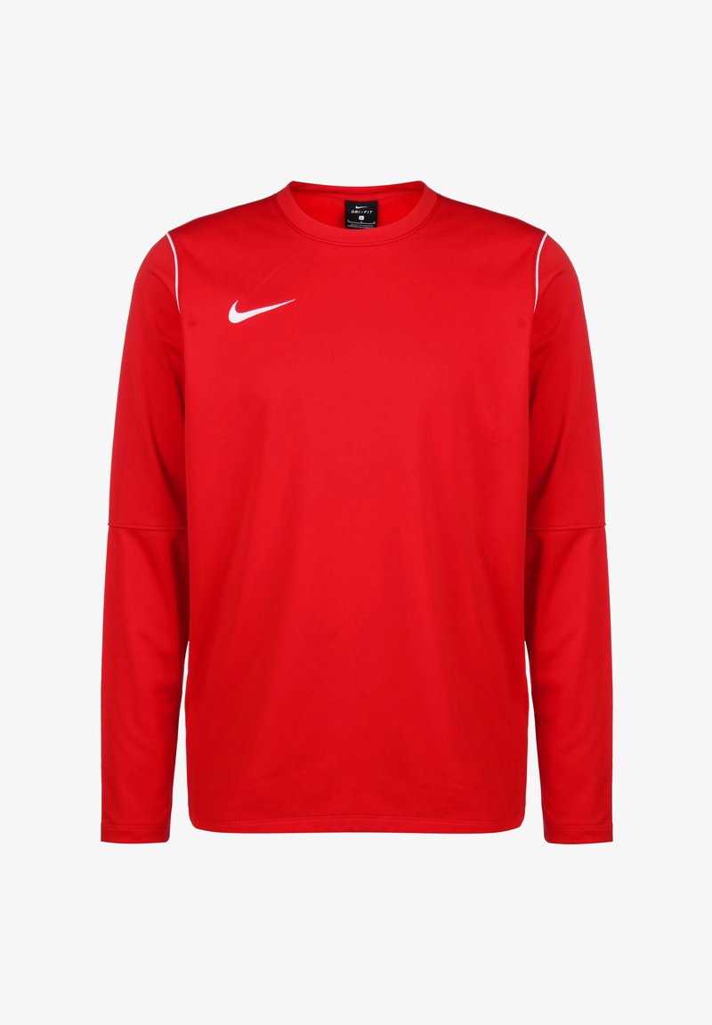 Rode lange mouwen sportshirt gemaakt van gladde stof, met witte schouderaccenten en het Nike-logo op de linkerborst. Klassieke ronde halslijn.
