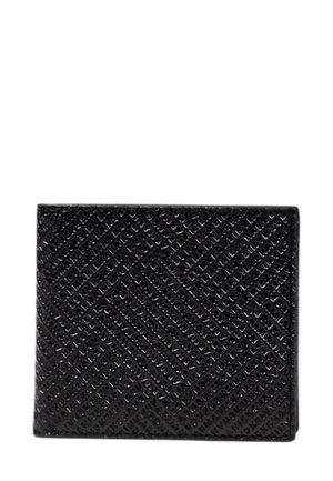Portafoglio nero testurizzato realizzato in pelle stampata, con un motivo geometrico e un design a pieghe per una chiusura sicura.