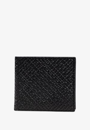 Portafoglio nero testurizzato realizzato in pelle stampata, con un motivo geometrico e un design a pieghe per una chiusura sicura.