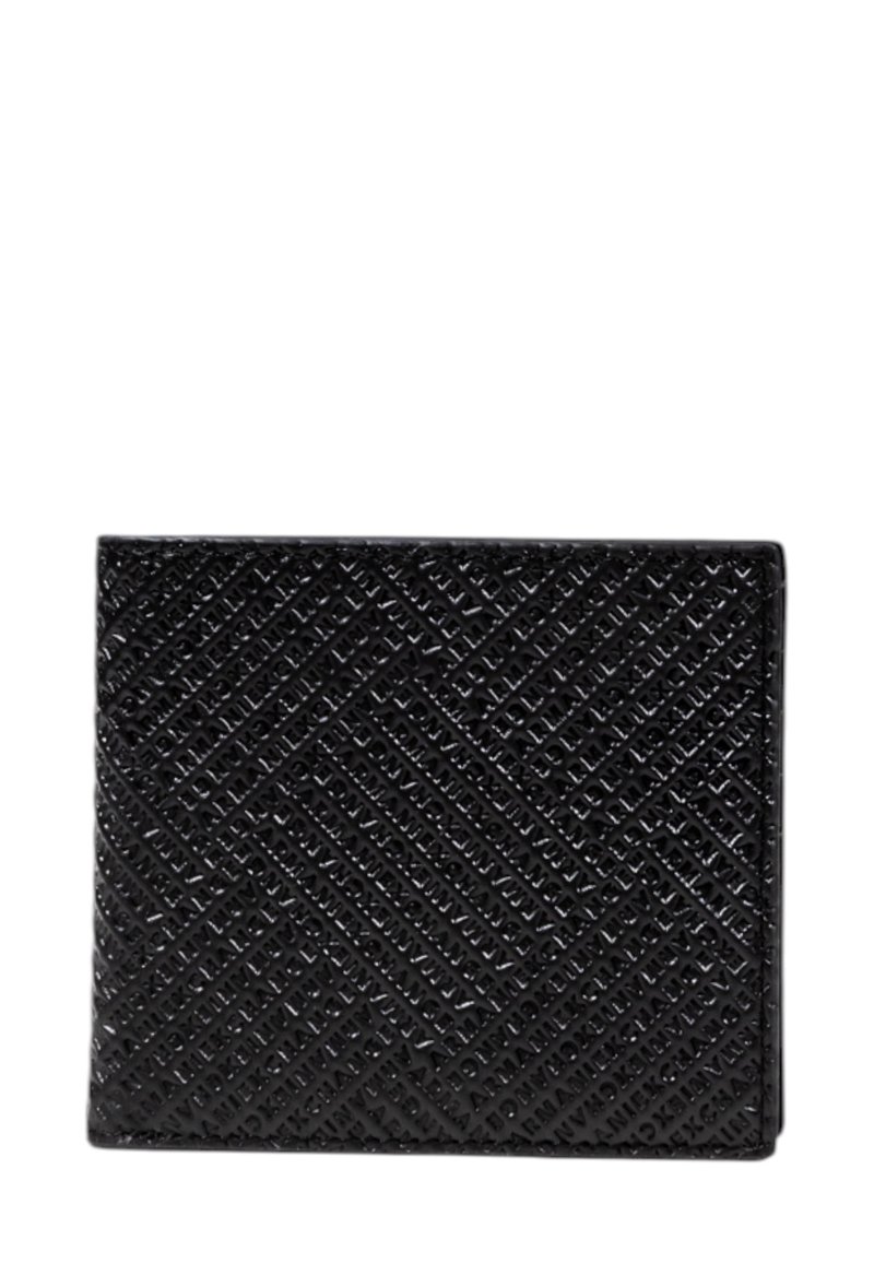Portafoglio nero testurizzato realizzato in pelle stampata, con un motivo geometrico e un design a pieghe per una chiusura sicura.