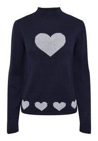 Strikket marineblå genser med et stort hvitt hjerte-design på brystet og mindre hvite hjerter langs kanten. Høy hals og lange ermer.