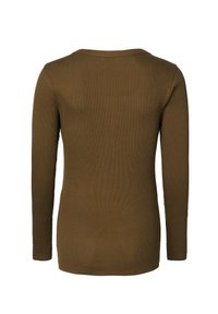 Langsleeve top in donkergroen olijf. Gemaakt van geribbeld katoen, met een ronde hals en een getailleerd silhouet. Geen opvallende patronen of accenten.
