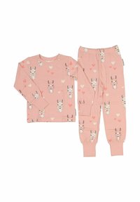 Pink long-sleeve pajama set featuring bunny illustrations and heart patterns. Made of soft material with elastic cuffs on pants.
