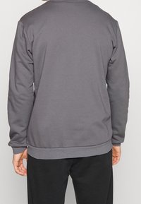 Sweat-shirt gris à manches longues, col rond, poignets et taille côtelés. Tissu lisse, design simple, sans motifs visibles.