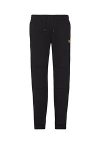 Schwarze Baumwoll-Sweatpants mit elastischem Bund und Kordelzug. Ausgestattet mit seitlichen Taschen und kontrastierendem Logo auf dem Oberschenkel. Glatte Textur.