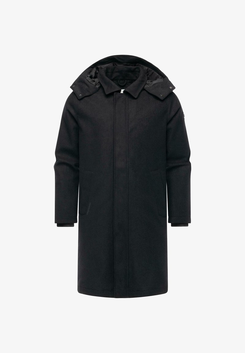 Schwarzer Wool-Mix-Mantel mit einem langen, geraden Schnitt, zwei Seitentaschen und einer Kapuze. Verfügt über einen Frontverschluss und ein kontrastierendes Innenfutter.