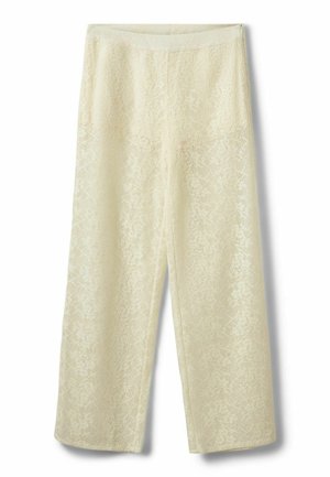 Pantalones de encaje color crema con corte de pierna recta, cintura elástica y patrón de encaje floral intrincado en todo el tejido.