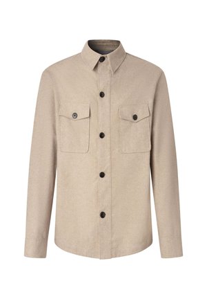 Camicia beige con bottoni realizzata in tessuto testurizzato, dotata di due tasche sul petto, colletto a punta e bottoni neri lungo la parte anteriore.