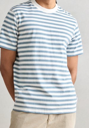 T-shirt a maniche corte a righe in azzurro chiaro e bianco, scollatura rotonda, realizzato in morbido cotone, con linee orizzontali e una vestibilità comoda.