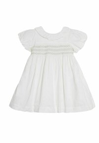 Witte katoenen jurk met een rimpelcol, pofmouwen en geborduurde details op de taille, met een wijde rok met plooien.