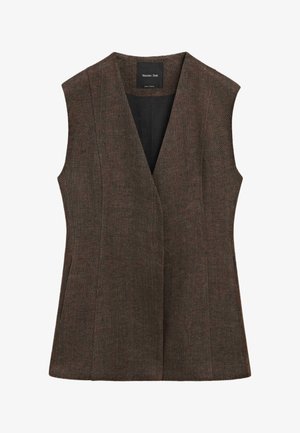 Ærmeløs brun vest i uldblanding med V-hals og skræddersyede sømme, mærket Massimo Dutti.