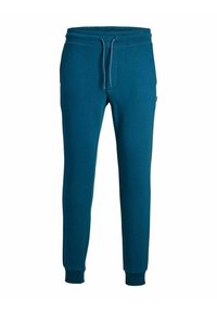 Pantaloni della tuta teal realizzati in tessuto morbido, dotati di vita elastica con cordoncino, gambe taper e polsini a costine alle caviglie.