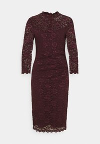 Robe en dentelle bordeaux avec un col haut, des manches longues et une silhouette ajustée. Motifs floraux complexes et détail à ourlet festonné.