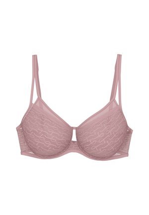 Lys rosa bh med et gennemsigtigt, mønstret stof, undertråd støtte, justerbare stropper og et nøglehul design i midten foran.