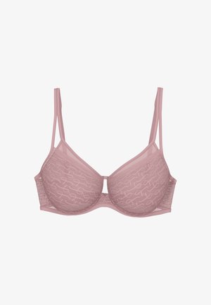 Reggiseno rosa chiaro in tessuto trasparente e stampato, con supporto a sottofascia, spalline regolabili e design a oblò al centro frontale.