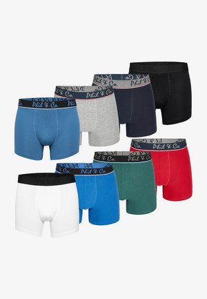 Acht paren boxershorts in verschillende kleuren: blauw, grijs, zwart, groen, rood en wit. Elk paar heeft een elastische tailleband met de branding "Phil & Co."
