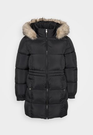 Abrigo de invierno negro acolchado con cremallera frontal, puños elásticos, bolsillos laterales con botones y capucha forrada de piel.