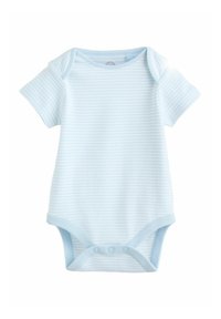 Hele sinine ja valge triibuline lühikeste varrukatega beebibodysuit, millel on kolm nupuvajutust kubemes ja ümmargune kaelus.