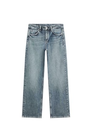 Lichtblauwe denim jeans met rechte pijpen, hoge taille, voor- en achterzakken, riemlussen en knoopsluiting.