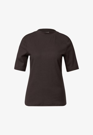 Tmavě hnědé tričko s krátkým rukávem a vysokým výstřihem, s žebrovanou strukturou a volným střihem. Obsahuje rovný lem a minimální designové prvky.