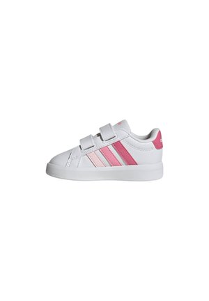 Scarpa da ginnastica bianca per bambini con due strap rosa in Velcro e tre strisce rosa Adidas sul lato.