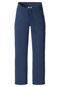 Granatowe spodnie casualowe z elastycznym pasem, sznurkiem, dwoma przednimi kieszeniami naszytymi i prostym krojem nogawki.