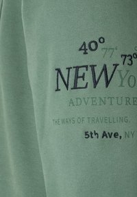 Sweat-shirt vert avec texte brodé : "NEW York" avec coordonnées géographiques, "ADVENTURE" et "5th Ave, NY", en fil foncé contrastant.