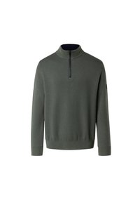 Maglione verde scuro con colletto alto e una breve cerniera nera. Realizzato in tessuto a maglia, presenta polsini e orlo a costine.