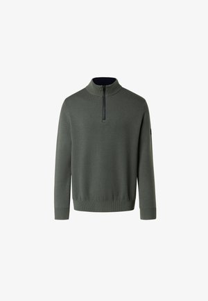 Maglione verde scuro con colletto alto e una breve cerniera nera. Realizzato in tessuto a maglia, presenta polsini e orlo a costine.