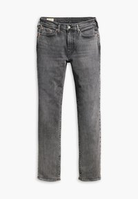 Jeans de mezclilla gris oscuro con diseño de pierna recta, cinco bolsillos, remaches de cobre y una ligera textura desgastada en las rodillas.