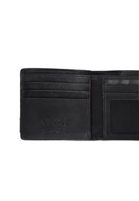 Black leather wallet featuring six card slots, a clear ID pocket, and embossed branding. Smooth texture with subtle stitching details.