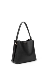 Borsa a mano in pelle nera con una forma strutturata, manico singolo e hardware color oro. Presenta una texture liscia e un design minimalista.