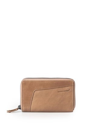 Tan leather zip-around wallet with external pocket and "aunts & uncles" logo embossed on the front.
